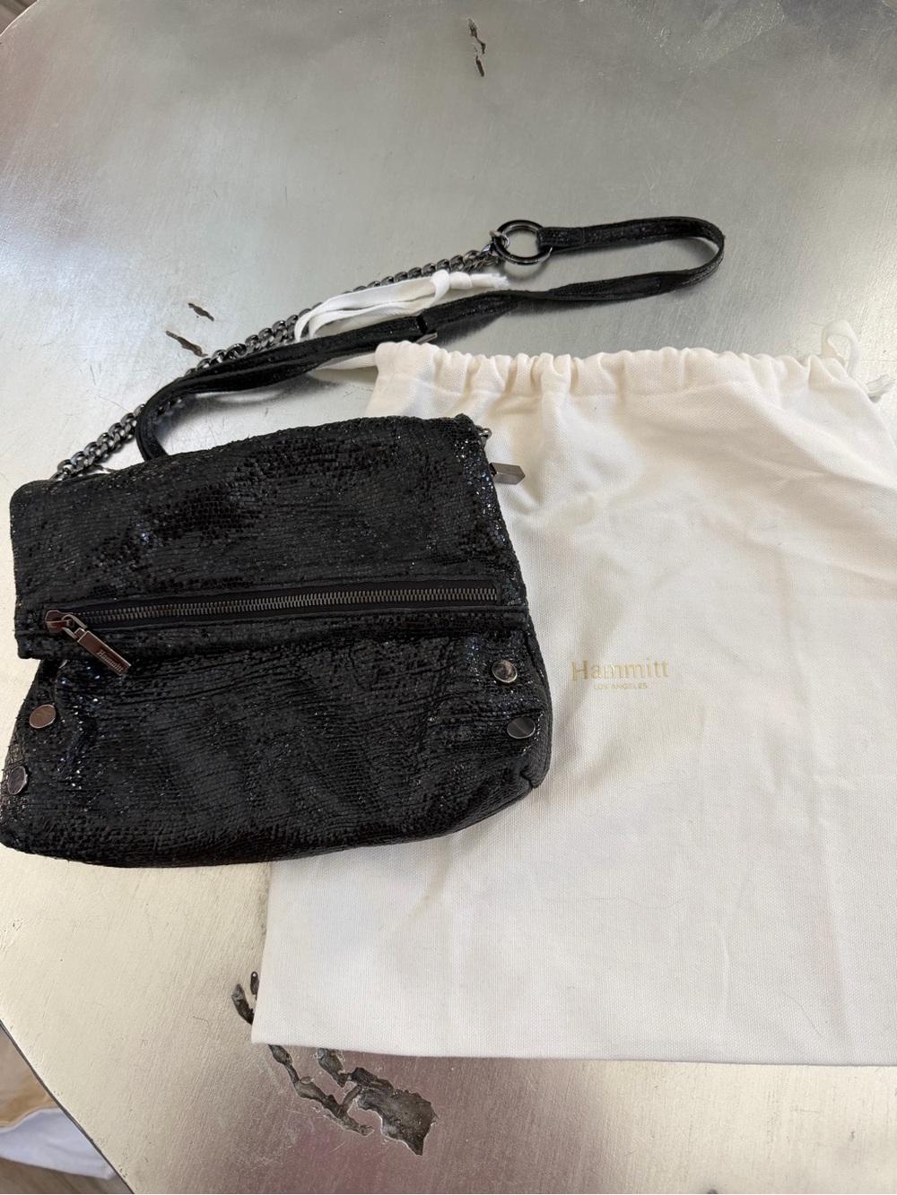 Hammitt Black Sequin Chain Crossbody Bag w/ Gunmetal Hardware Red Suede interior - Picture 2 of 8